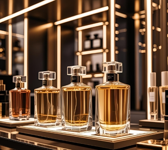 Retail Fragrance Collections by Bintammam Elegant display of retail perfume bottles in a boutique setting, representing Bintammam Perfumes' retail fragrance offerings.