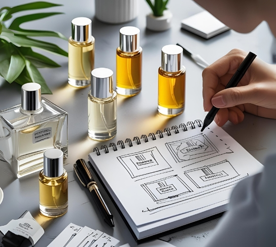 Bintammam Perfumes – Vision to Support Fragrance Entrepreneurs Perfume workshop scene with bulk perfume oil bottles, notebooks, and tools, representing Bintammam Perfumes’ vision to guide entrepreneurs and hobbyists in building their brands.