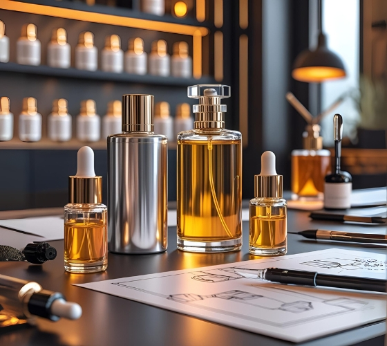 Bintammam Perfumes – Bridging Creativity and Quality in Bulk Perfume Oils Bintammam Perfumes showcasing bulk perfume oil bottles and creative workspace tools, symbolizing quality fragrances and client-focused support