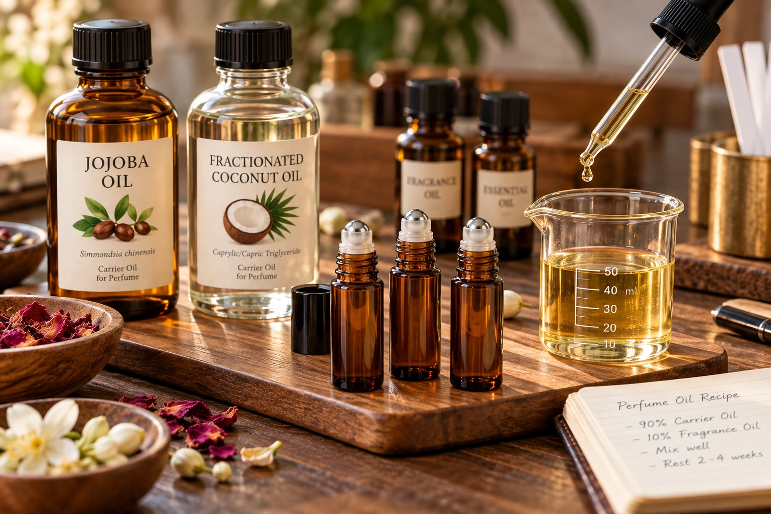 Hero: amber roller bottles, pipette and carrier oil on a workbench Below H1 how to make perfume oil at home with amber roller bottles, pipette and jojoba carrier oil