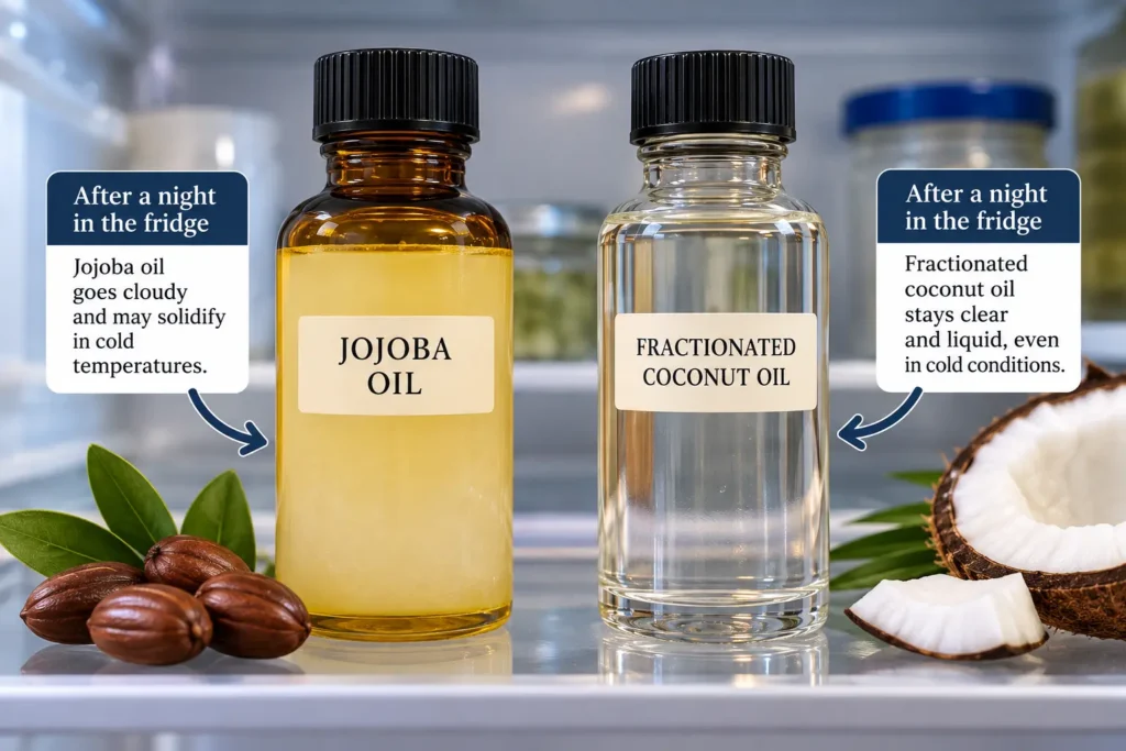 Jojoba oil clouding in the cold next to clear fractionated coconut oil