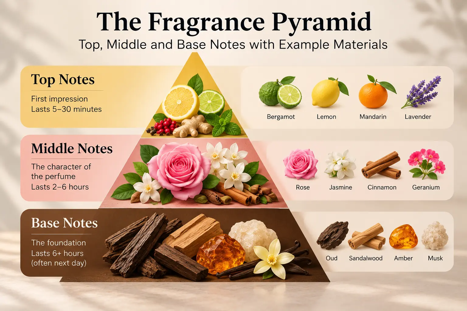 fragrance pyramid showing top middle and base notes with example perfume oils
